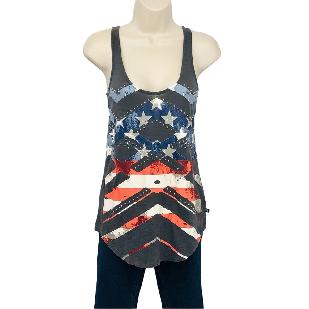 Rock & Republic American Flag Patriotic Tank Top Burn Out Stud Trim Scoop Neck